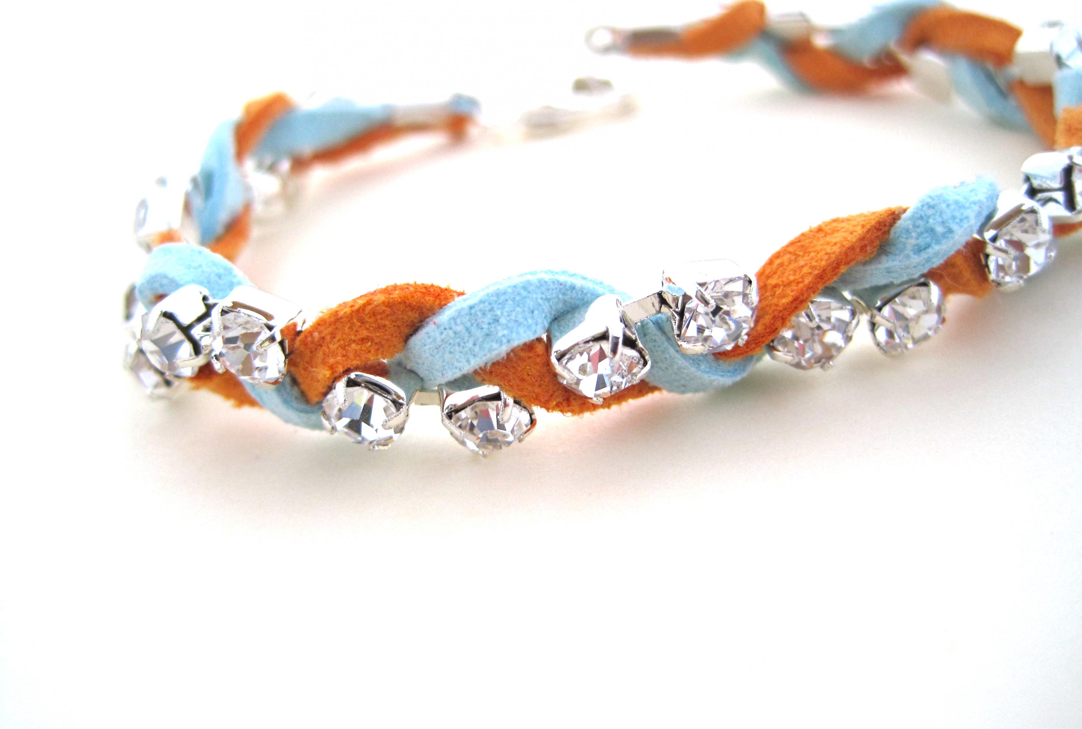 Leather And Rhinestone Bracelet, Stackable Bracelet, Powder Blue, Orange on Luulla